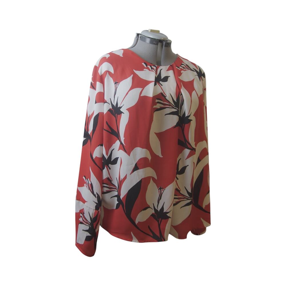 Liz Claiborne Plus Size 2X Red Black Floral Pleated Blouse Long Sleeve Career
